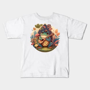 Cottagecore aesthetic cute frog playing ukelele on Mushroom Kids T-Shirt